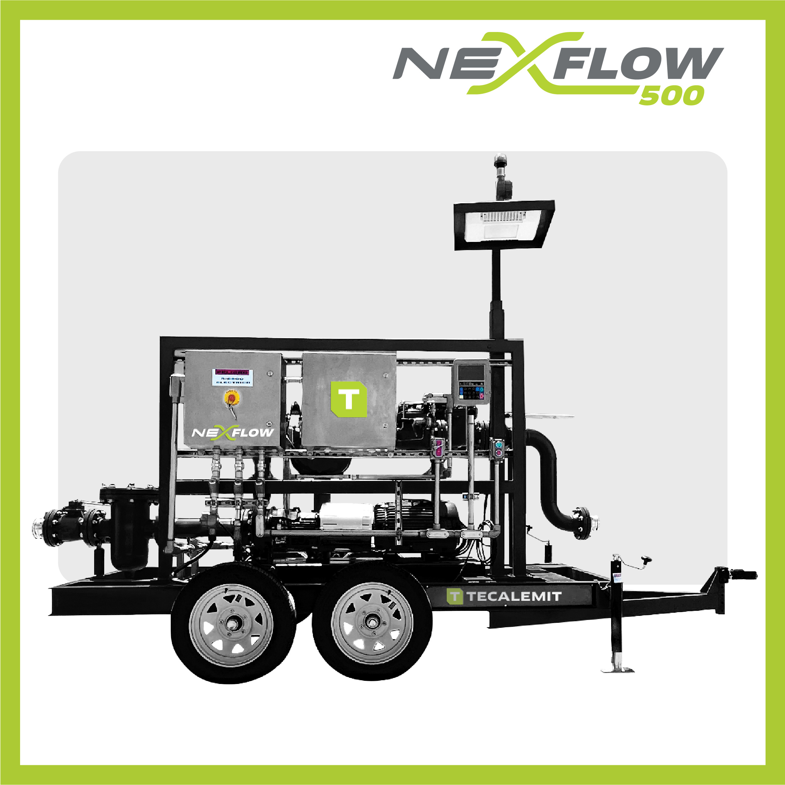 Image of Tecalemit's NexFlow Transloader 500, a robust and powerful mobile transloading unit designed for high-capacity transfer of aviation fuel, renewable diesel fuel, and other refined petroleum products. Features a 4-inch GSD cast iron pump, 20 HP motor, and operates at 500 gallons per minute. The unit is Class 1/Div 2 certified and measures 16 feet in length. Ideal for applications in aviation, barge terminals, and truck-to-truck transfers.