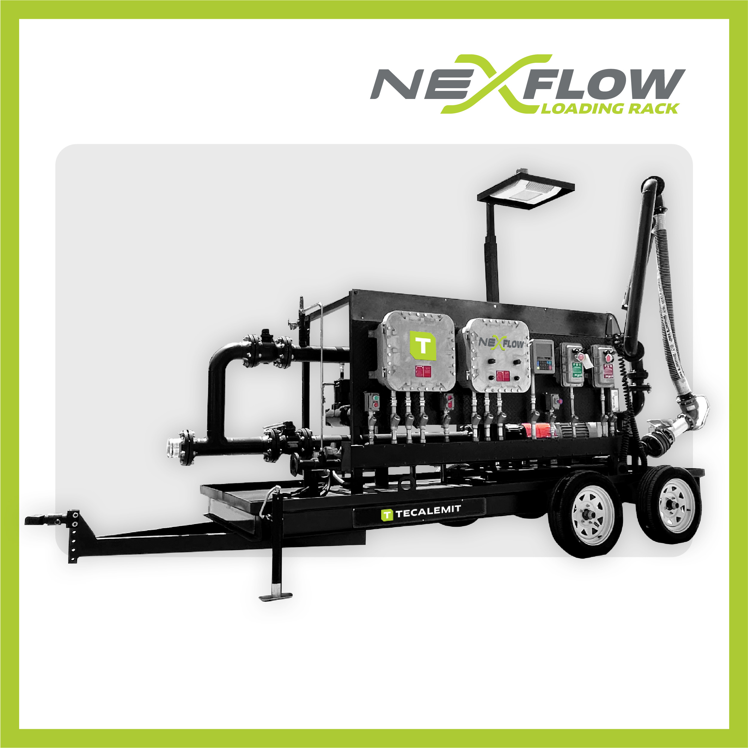 Image of Tecalemit's NexFlow Loading Rack, a versatile and efficient fluid transfer system designed for truck and railcar loading and unloading. Features a sleek, industrial design with adjustable height and mobility options to suit various operational needs. Ideal for single or multi-spot loading areas.