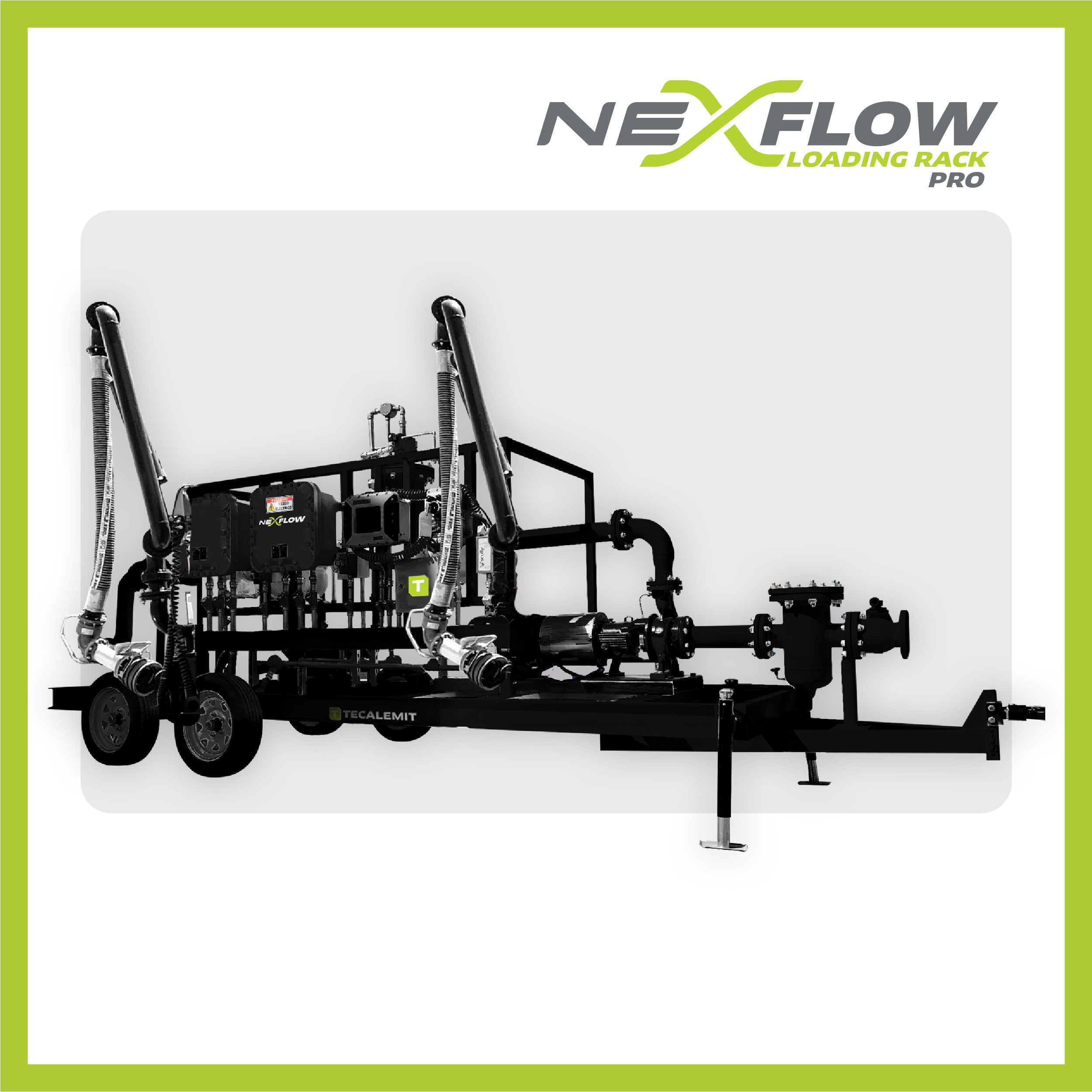 Image of Tecalemit's NexFlow Loading Rack Pro, a premium fluid transfer system with dual-arm functionality, designed for enhanced efficiency in truck and railcar loading and unloading. Features a robust, industrial design, suitable for multi-spot loading areas.