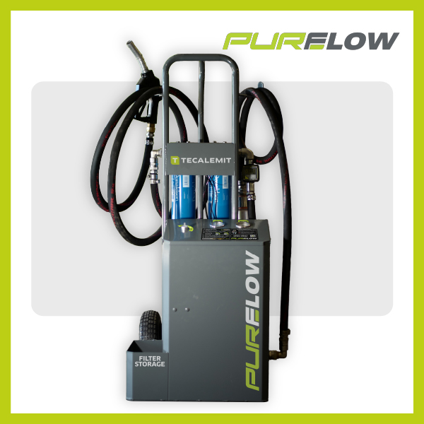 Puroflow diesel fuel polisher bulk transfer system with dual blue filters, PSI gauges, and 1-inch swivel nozzle